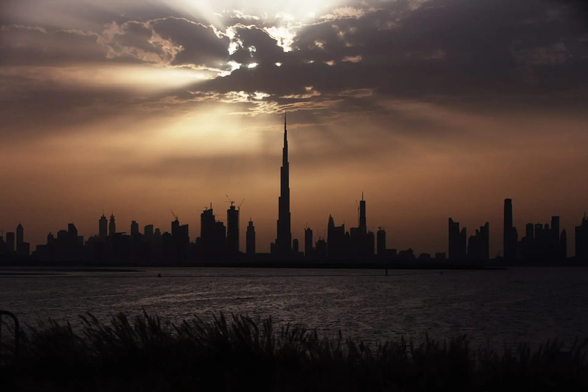 Dubai skyline and Burj Khalifa at sunset